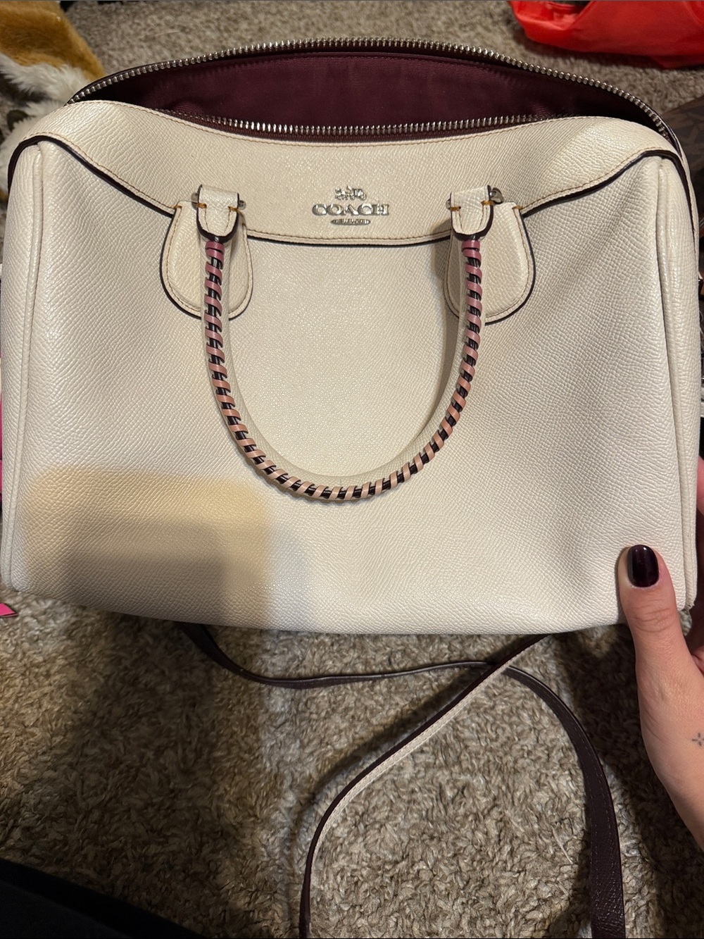 Coach Cream Leather Satchel with Burgundy Interior and Braided Handle